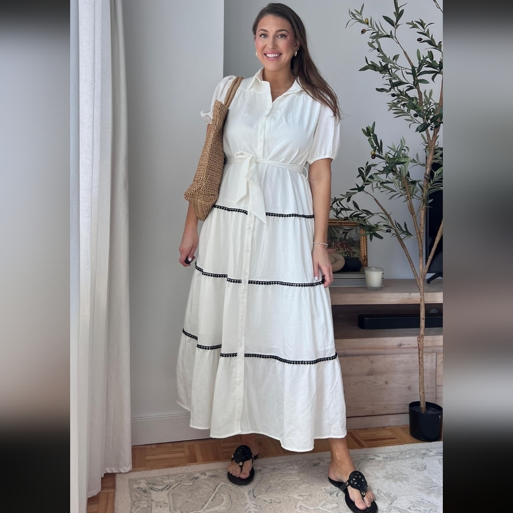 PRETTY GARDEN Womens White Maxi Dress With Black Trim Details SIZE XXL